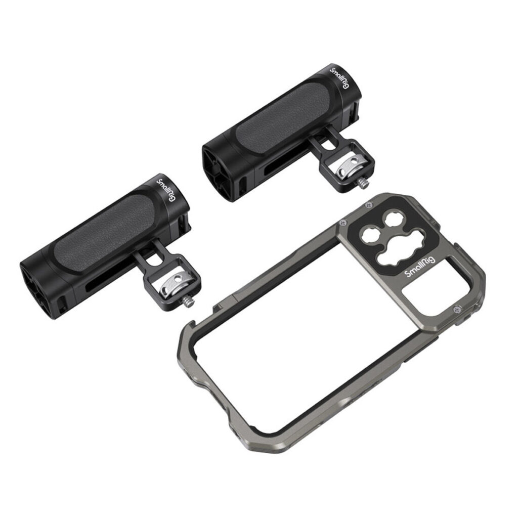 SmallRig-3604-2 SmallRig 3604 Video Kit Lite iPhone 13 Pro Max -laitteelle, johon kuuluu metallinen puhelimen pidike ja kaksi mustaa suorakulmaista valaisinta kiinnikkeineen, näkyy tavallisella valkoisella pohjalla.