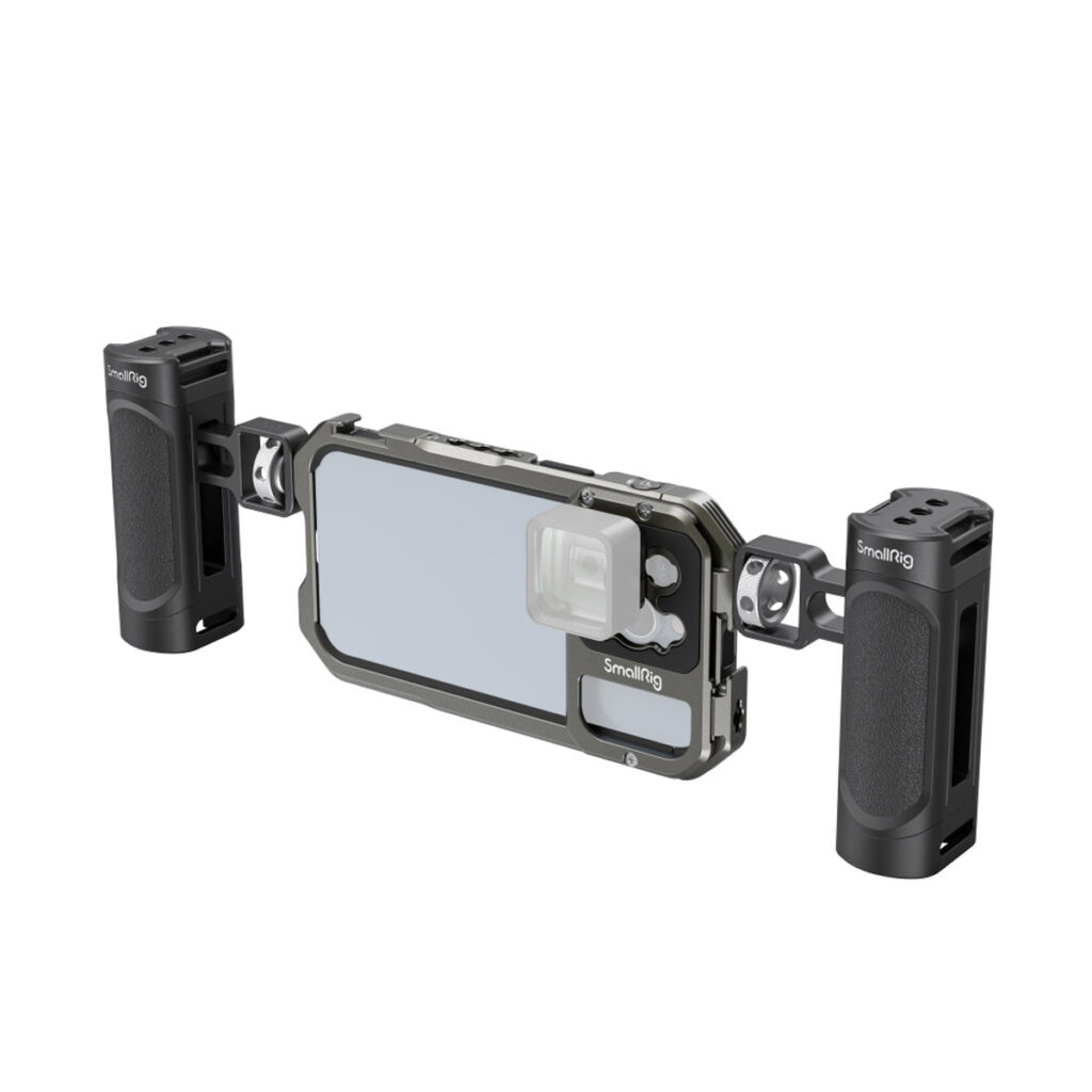 SmallRig-3607-1 SmallRig 3607 Video Kit Lite for iPhone 13 Pro on metallinen kamerateline, jossa on kaksi irrotettavaa sivukahvaa ja joka on suunniteltu tarjoamaan vakaata videokuvausta ja paremman otteen älypuhelimelle.