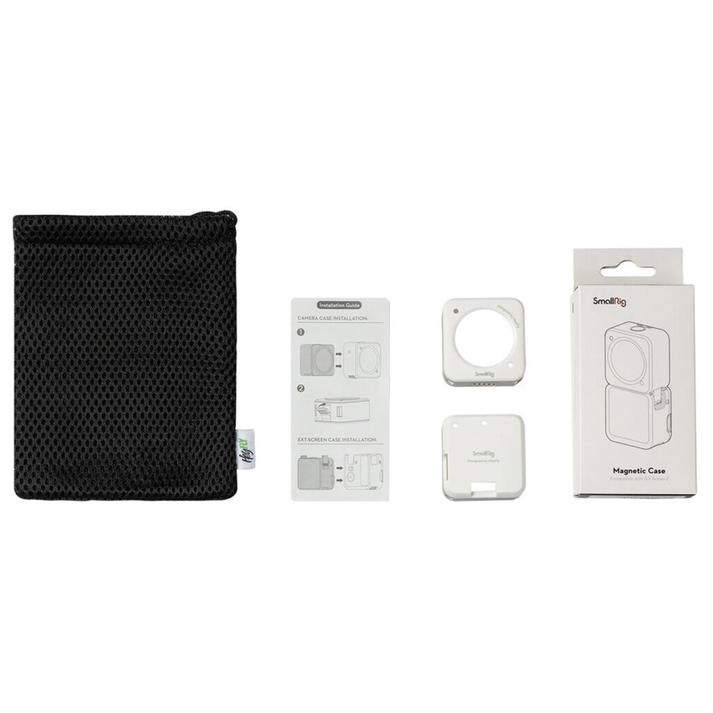 SmallRig-3626-9 Musta verkkopussi, käyttöohjeet, kolme pientä valkoista kameratarviketta ja valkoinen laatikko, jossa lukee "SmallRig 3626 Magnetic Case for DJI Action 2 (White)", ovat vierekkäin valkoisella pohjalla.