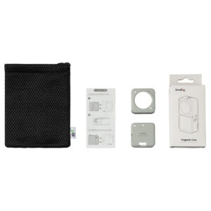 SmallRig-3627-8 Musta verkkopussi, käyttöohjeet, kaksi neliönmuotoista magneettikehysosaa ja SmallRig 3627 Magnetic Case for DJI Action 2 (harmaa) -laatikko ovat rivissä valkoisella pohjalla.