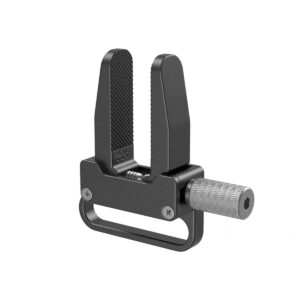 SmallRig-3637-1 SmallRig 3637 HDMI-kaapelipuristimessa on kaksi pystysuoraa kuvioitua leukaa, hopeinen nuppi ja suorakulmainen kahva pohjassa.