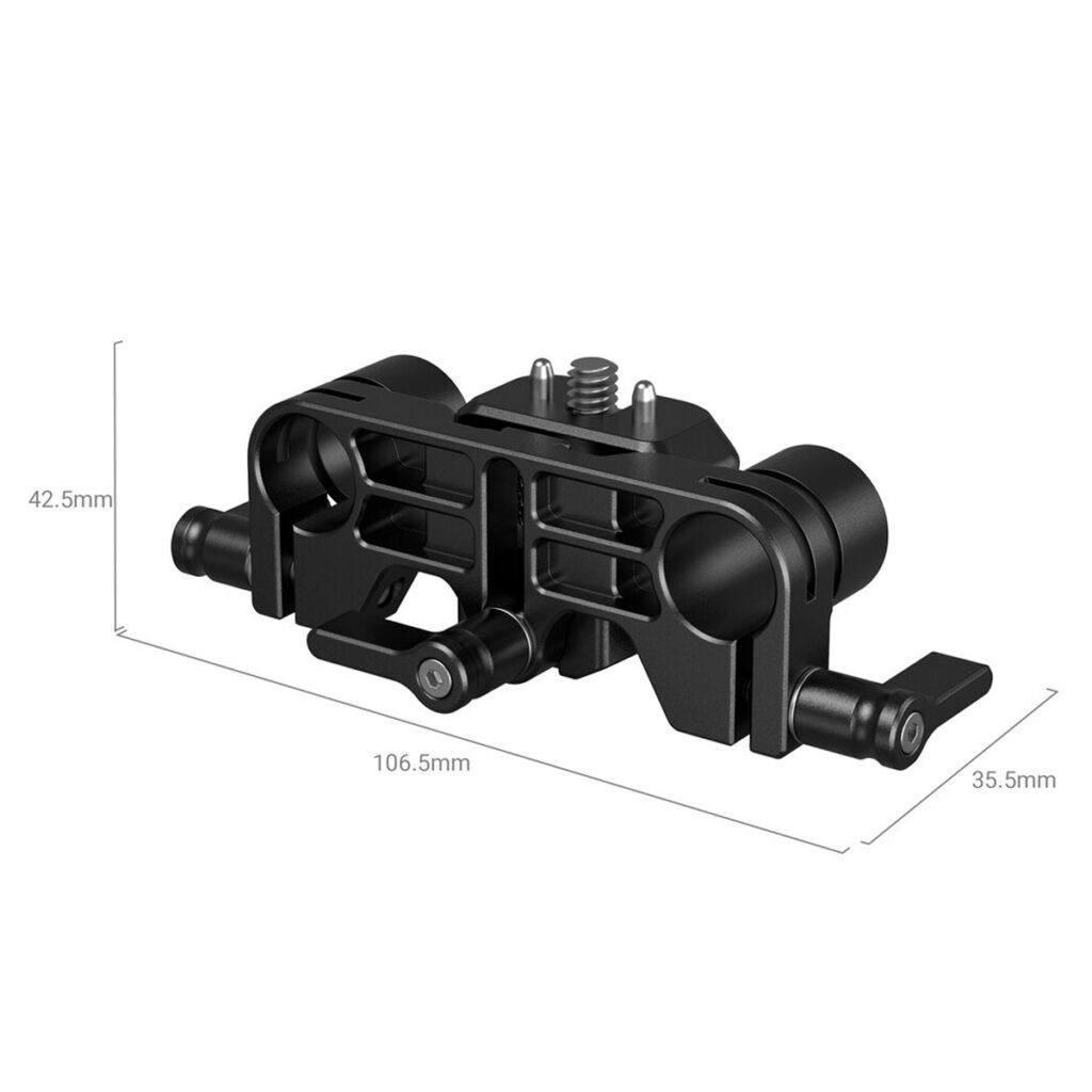 SmallRig-3652-3 SmallRig 3652 Dual Rod Support, musta metallinen kameran kiinnitysteline, jossa on säätövipuja ja kiinnitysruuvi, on 106,5 mm leveä, 42,5 mm korkea ja 35,5 mm syvä; kuvassa valkoisella pohjalla.