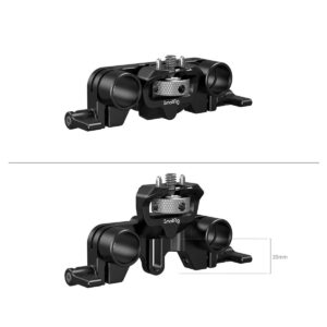 SmallRig-3652-4 Kaksi näkymää SmallRig 3652 Dual Rod Supportista mustassa metallissa; pohjanäkymässä näkyy 20 mm:n rako toisella puolella. Lisävarusteessa on kiinnityspisteet ja yläreunan ruuvi.
