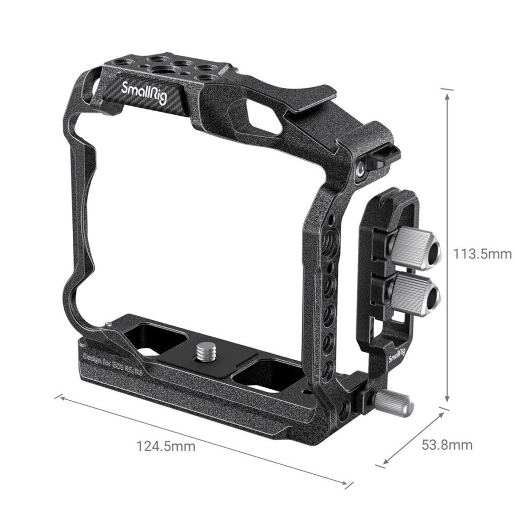 SmallRig-3656-2 Musta SmallRig 3656 Black Mamba Half Cage & Cable Clamp for Canon R5/R5 C/R6 tarjoaa useita kiinnityspisteitä, on kooltaan 124,5 mm x 53,8 mm x 113,5 mm ja on suunniteltu kameran suojaamiseen ja lisävarusteiden kiinnittämiseen.