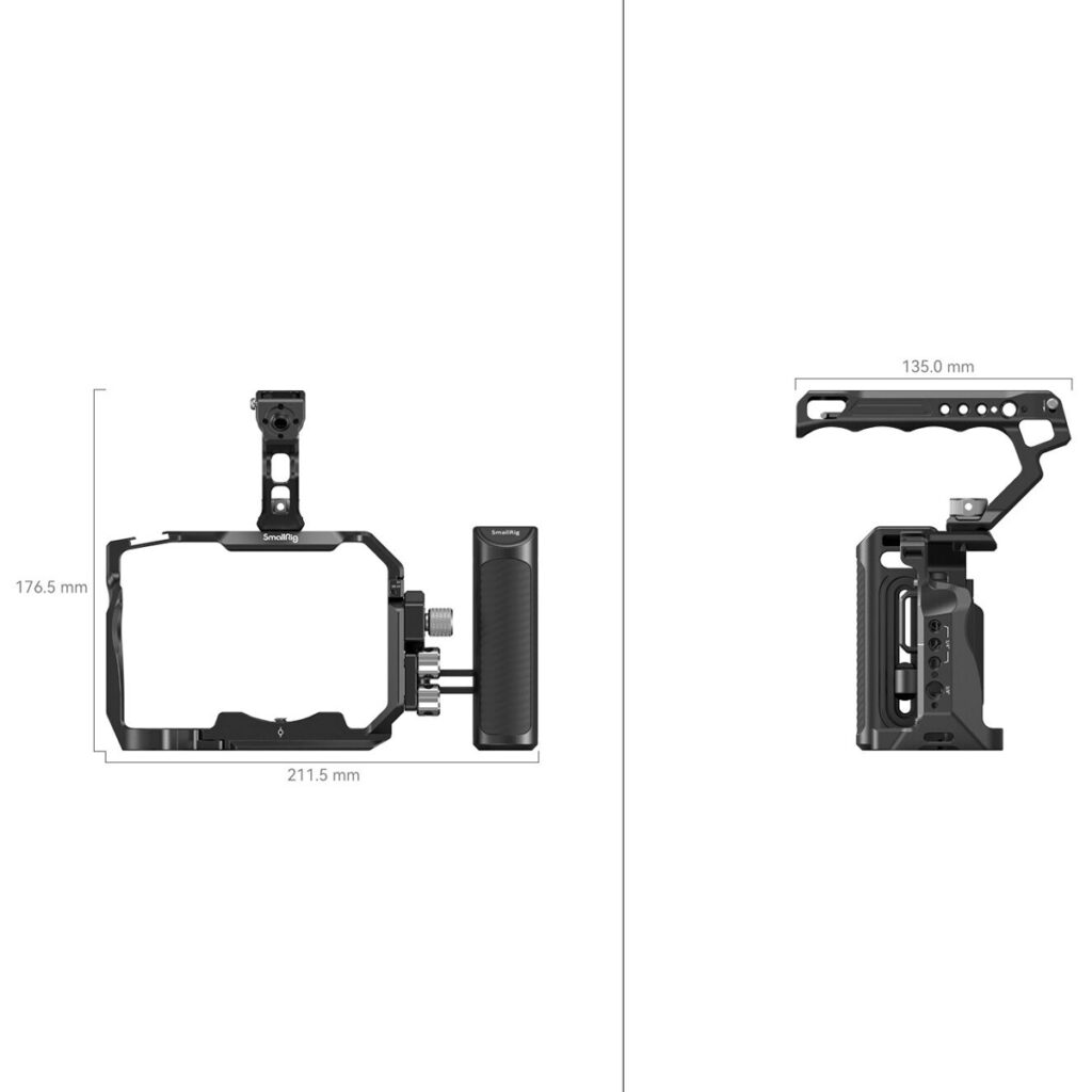 SmallRig-3669-2 SmallRig 3669 Advanced Kit Sony A7 IV / A7S III -malliin on musta kamerahäkki, jossa on kuvioitu kahva sivukahva ja yläkiinnike. Kuvassa edestä ja sivulta mitat ovat 176,5 mm korkea, 211,5 mm leveä ja 135,0 mm syvä.