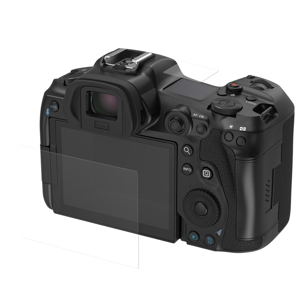 SmallRig-3674-2 SmallRig 3674 -näytönsuoja Canon EOS R3/R5/R5C:lle (2+2 pakkausta) peittää osittain kameran näytön, etsimen, painikkeet ja säätimet takaa katsottuna.