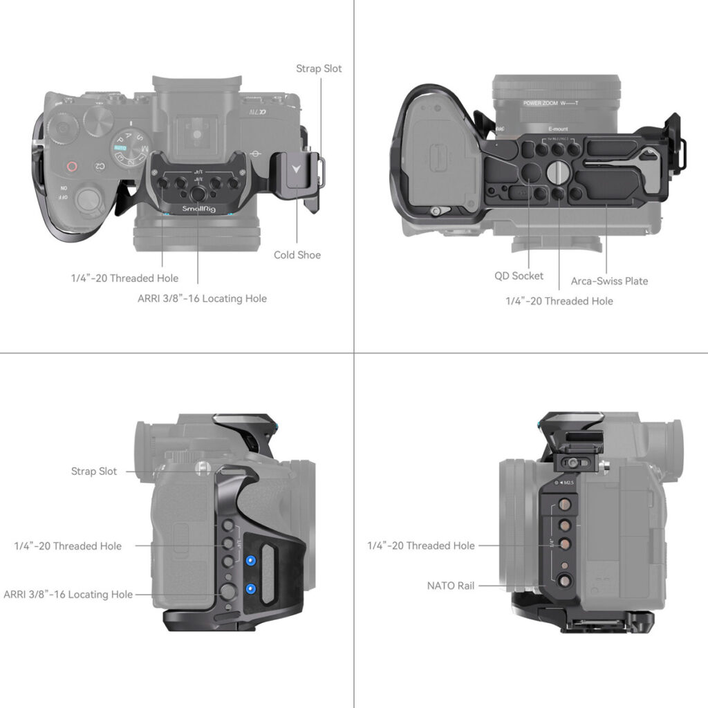 SmallRig-3708-5 SmallRig 3708 Rhinoceros Basic Cage Kit Sony A7R V/A7 VI/A7 SIII:lle on esitetty neljästä kulmasta, ja siinä korostuvat sen kylmä kenkä, hihna-aukko, QD-liitäntä, NATO-kisko, Arca-Swiss-levy ja useat kierteitetyt lisävarusteiden kiinnitysreiät.