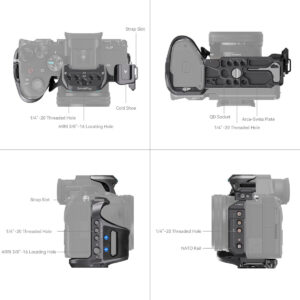 SmallRig-3708-5 SmallRig 3708 Rhinoceros Basic Cage Kit Sony A7R V/A7 VI/A7 SIII:lle on esitetty neljästä kulmasta, ja siinä korostuvat sen kylmä kenkä, hihna-aukko, QD-liitäntä, NATO-kisko, Arca-Swiss-levy ja useat kierteitetyt lisävarusteiden kiinnitysreiät.