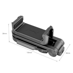 SmallRig-3727-2 SmallRig 3727 Universal Smartphone Holder Grey on harmaa, kokoontaitettava pidike, jossa on säädettävät kiinnikkeet, kuvassa suljettuna. Sen pituus on 100 mm, leveys 38 mm ja korkeus 38 mm, ja siinä on sisäpuoliset urat kiinnittimissä, jotka parantavat pitoa.