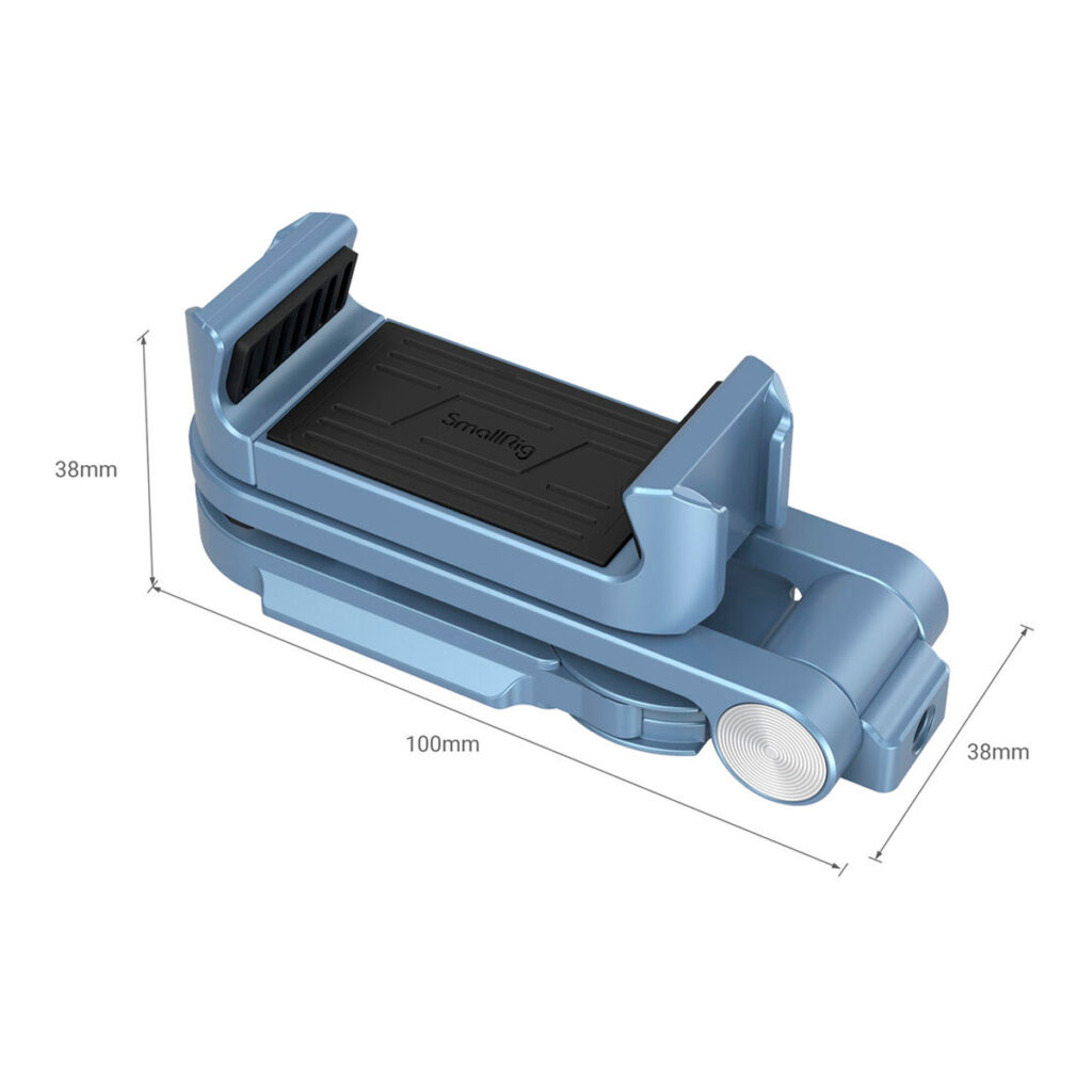 SmallRig-3728-2 SmallRig 3728 Universal Smartphone Holder Blue -älypuhelintelineessä on kokoontaitettava muotoilu, säädettävät kahvat ja harjattu pinta puhelimen turvallista sijoittamista varten. Sen mitat ovat 100mm (L) × 38mm (K) × 38mm (L).