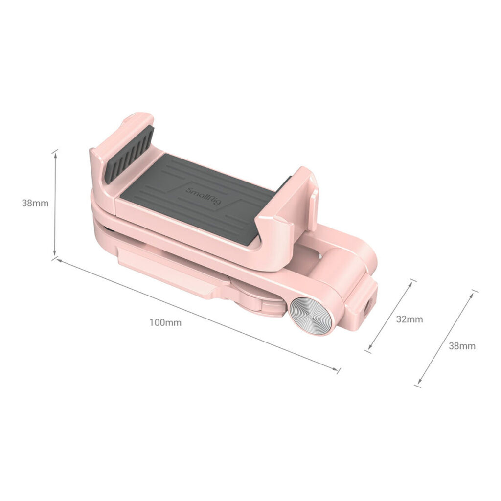 SmallRig-3729-2 SmallRig 3729 Universal Smartphone Holder Pink on kokoontaitettava, sen pituus on 100 mm, korkeus 38 mm ja leveys 32 mm, siinä on säädettävät kiinnikkeet, kumipäällysteinen pohja ja pieni pyöreä yksityiskohta toisessa päässä.
