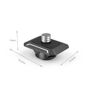 SmallRig-3730-4 SmallRig 3730 Drop-In HawkLock Mini Universal QR Top Plate on pienikokoinen musta-hopea kamerakiinnityssovitin, jossa on ruuvi päällä, mitat 15mm (K) x 26.4mm (L) x 19.4mm (W), kuvassa merkityt mitat.