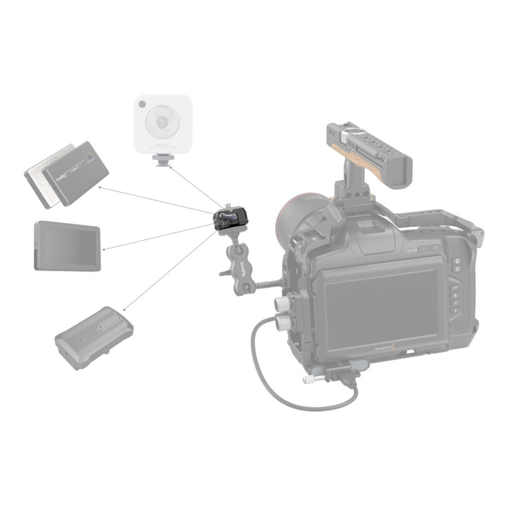SmallRig-3731-4 Kaavio, jossa näkyy kameralaitteisto, jossa SmallRig 3731 Drop-In HawkLock Mini Universal QR Baseplate on liitetty nuolilla erilaisiin tallennuslaitteisiin, kuten SSD-asemiin, muistikorttiin ja pieneen neliönmuotoiseen laitteeseen, mikä havainnollistaa monipuolisia liitäntämahdollisuuksia.