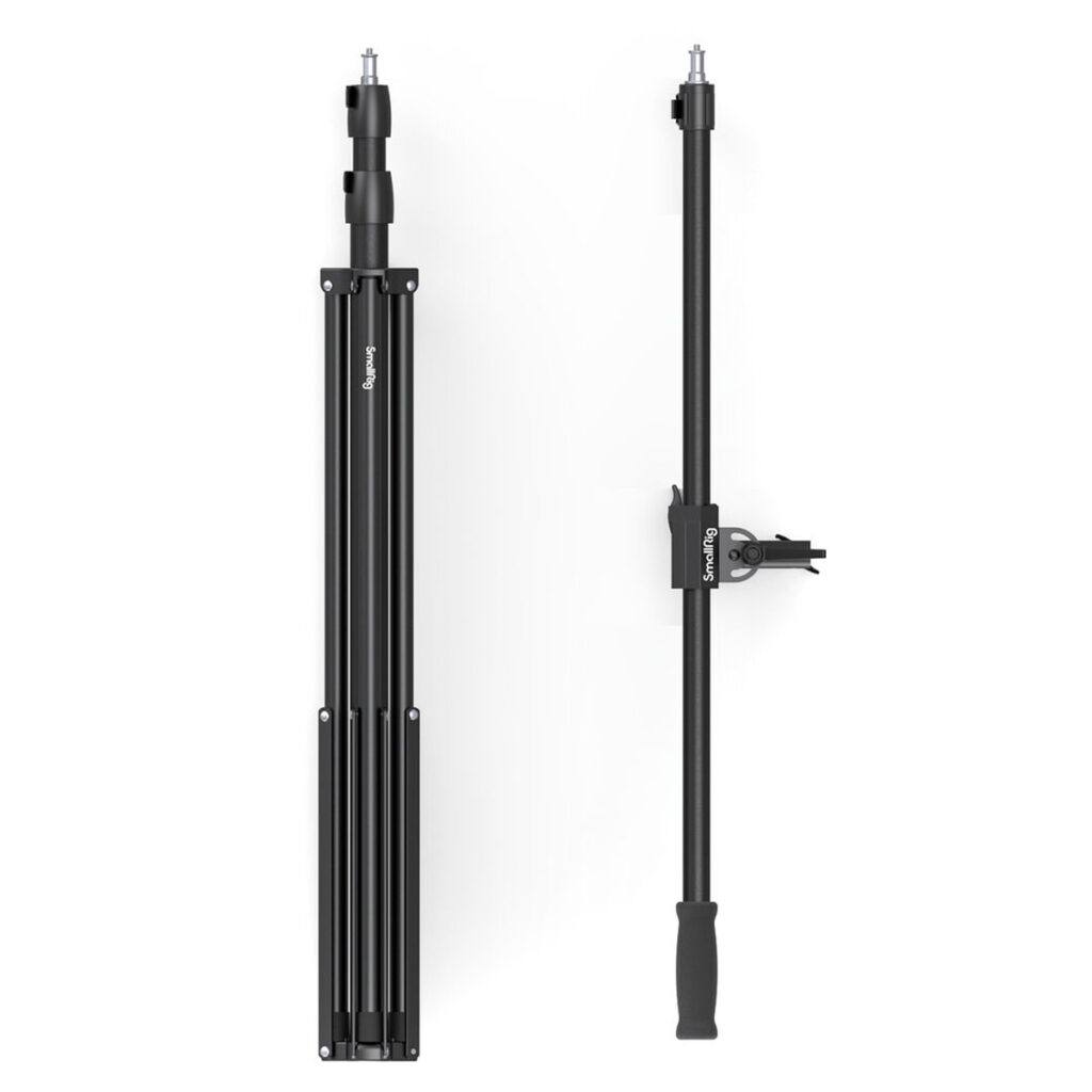 Two SmallRig 3737 RA-S280 Air Cushioned Light Stands with Arms with white base - one folded and one extended vertically - both with adjustable parts and locking mechanisms.