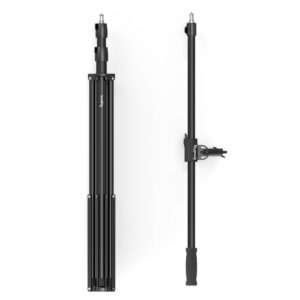Two SmallRig 3737 RA-S280 Air Cushioned Light Stands with Arms with white base - one folded and one extended vertically - both with adjustable parts and locking mechanisms.