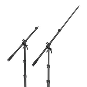 Kaksi SmallRig 3737 RA-S280 -ilmapehmustettua valotelinettä, joissa on säädettävät varret, on esitetty valkoista taustaa vasten. Jalustoissa on säädettävät nupit ja pehmustetut kahvat puomissa.