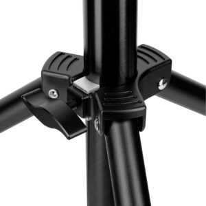 Close-up of the SmallRig 3737 RA-S280 Light Stand Air Cushioned with Arm central locking mechanism with three metal legs attached to the main post with screws and tension knobs for stability and height adjustment.