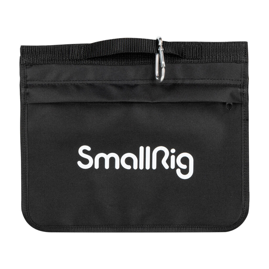 The SmallRig 3737 RA-S280 Light Stand Air Cushioned with Arm has a black fabric bag with front pocket, top handle, metal carabiner clip and white SmallRig print on the front.