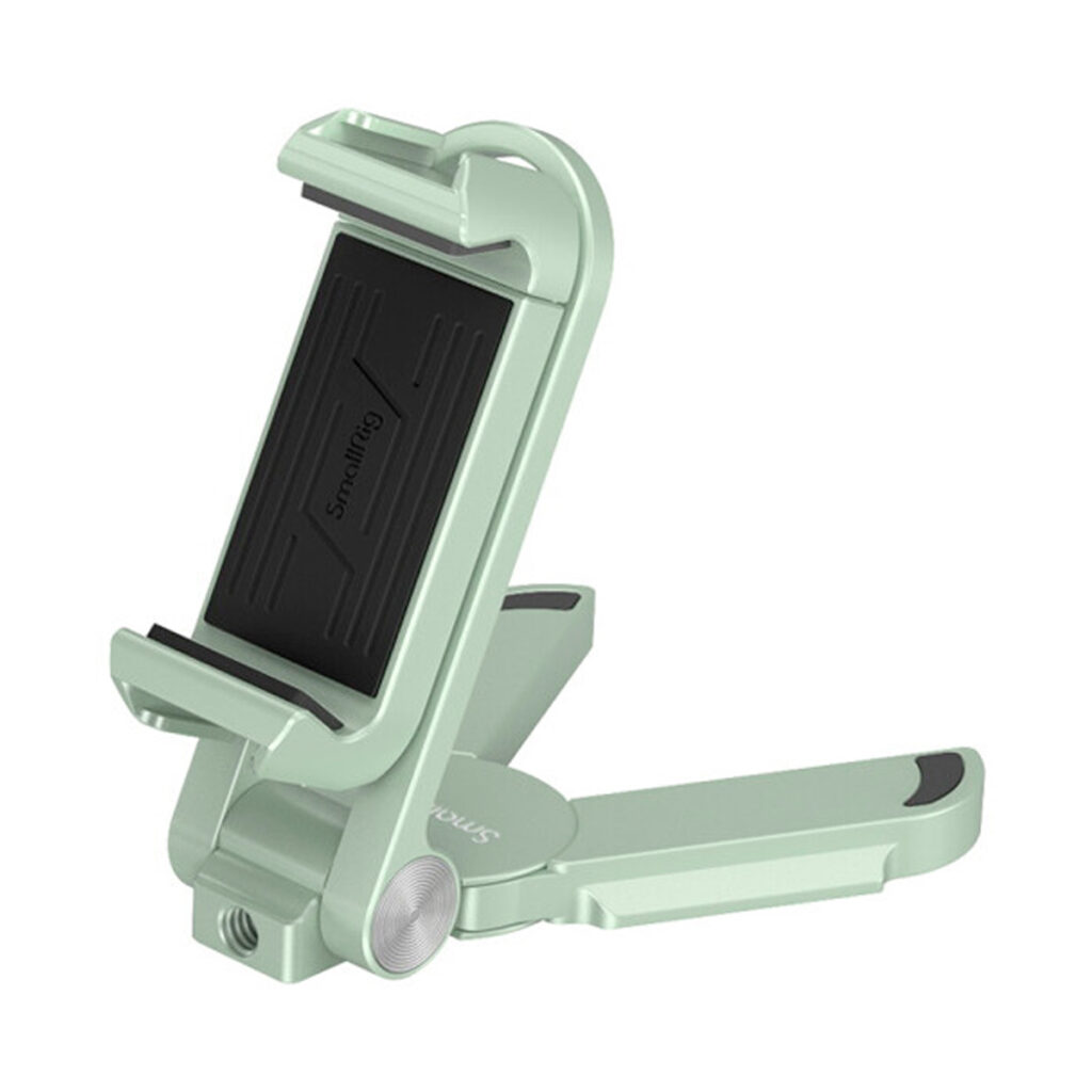 SmallRig-3745 SmallRig 3745 Universal Smartphone Holder Green -älypuhelintelineessä on vaaleanvihreä, säädettävä muotoilu, jossa on kokoontaitettava pohja ja kumikahvat, jotka tukevat mobiililaitteita pysty- tai vaakasuunnassa.
