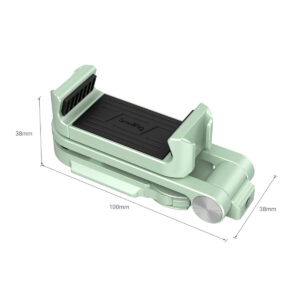 SmallRig-3745-2 SmallRig 3745 Universal Smartphone Holder Green -älypuhelintelineessä on mintunvihreä muotoilu, musta pehmustettu pohja ja sen mitat ovat 100 mm (L) x 38 mm (L) x 38 mm (K), kuten merkityt nuolet osoittavat.