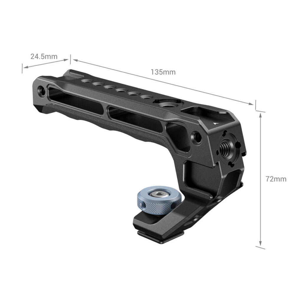 SmallRig-3764-2 The SmallRig 3764 Top Handle with Cold Shoe is a black metal camera grip with ergonomic handle, mounting holes and blue tension knob; it measures 135 mm long, 24.5 mm wide and 72 mm high.