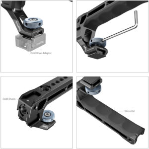 SmallRig-3764-3 The four close-ups show the different angles and features of the SmallRig 3764 Top Handle with Cold Shoe, highlighting its black finish, blue knobs, marked Cold Shoe adapter, silica gel pad and hex key slot.