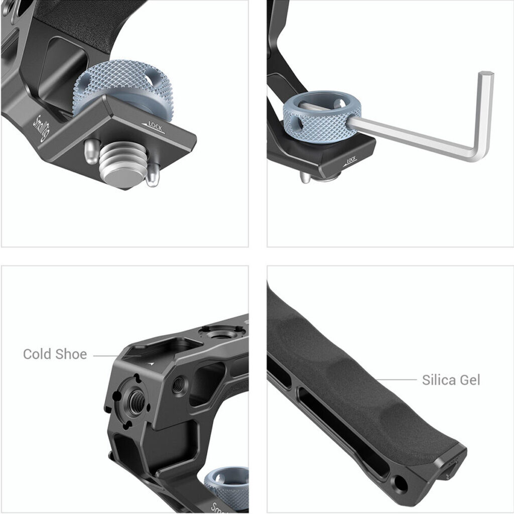 SmallRig-3765-3 Neljästä kuvasta koostuva kollaasi näyttää SmallRig 3765 ARRI Locating Top Handle -kuvauskahvan, jossa korostuvat sen siniset kuvioidut säätönupit, mukana tuleva kuusiokoloavain, kylmäkenkäkiinnitys ja Silica Gel -kädensija mukavaa käsittelyä varten.
