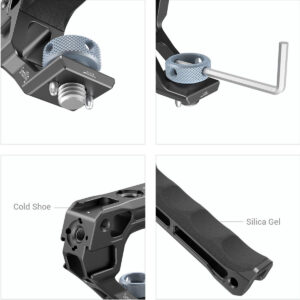 SmallRig-3765-3 Neljästä kuvasta koostuva kollaasi näyttää SmallRig 3765 ARRI Locating Top Handle -kuvauskahvan, jossa korostuvat sen siniset kuvioidut säätönupit, mukana tuleva kuusiokoloavain, kylmäkenkäkiinnitys ja Silica Gel -kädensija mukavaa käsittelyä varten.
