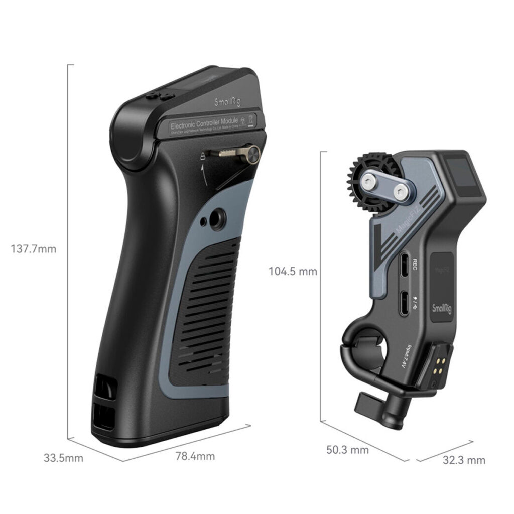 SmallRig-3782-3 Kahden mustan ja harmaan SmallRig 3782 Magic Fiz Wireless Follow Focus Handgrip Kit -moduulin rinnakkaisnäkymä, jossa on mitat millimetreinä ja jossa näkyy etu- ja sivukulmat, painikkeet, valitsimet ja merkityt osat.