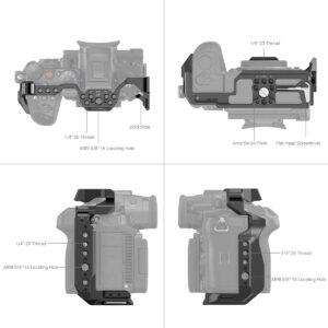 SmallRig-3784-3 Kaavio SmallRig 3784 Cage for Panasonic Lumix GH6 -kameran häkistä, jossa on merkitty ominaisuudet: kylmä kenkä, 1/4"-20 kierteet, ARRI-paikannusreiät, Arca-Swiss-levy, litteä ruuvimeisseli ja niiden sijainnit kiinnitetyssä kamerassa.