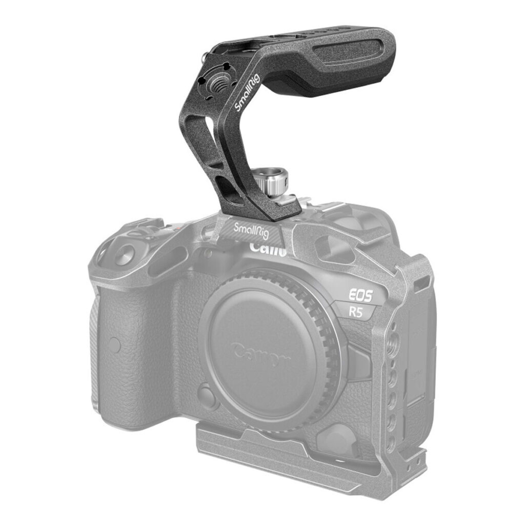 SmallRig-3786 SmallRig 3786 Top Handle Black Mamba on asennettu puoliksi läpinäkyvän Canon EOS R5 -kameran päälle, ja siinä näytetään, miten kahva kiinnittyy kameran kenkikiinnitykseen.