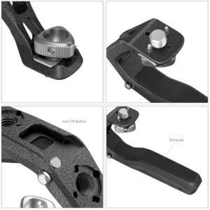SmallRig-3786-3 Neljässä lähikuvassa näkyy SmallRig 3786 Top Handle Black Mamba, musta metallinen kamerakannatin, jossa on hopeinen anti-off-painikkeen ruuvinuppi ja silikageelityyny turvallista kiinnitystä varten. Myös kuvioidut pinnan yksityiskohdat ovat näkyvissä.