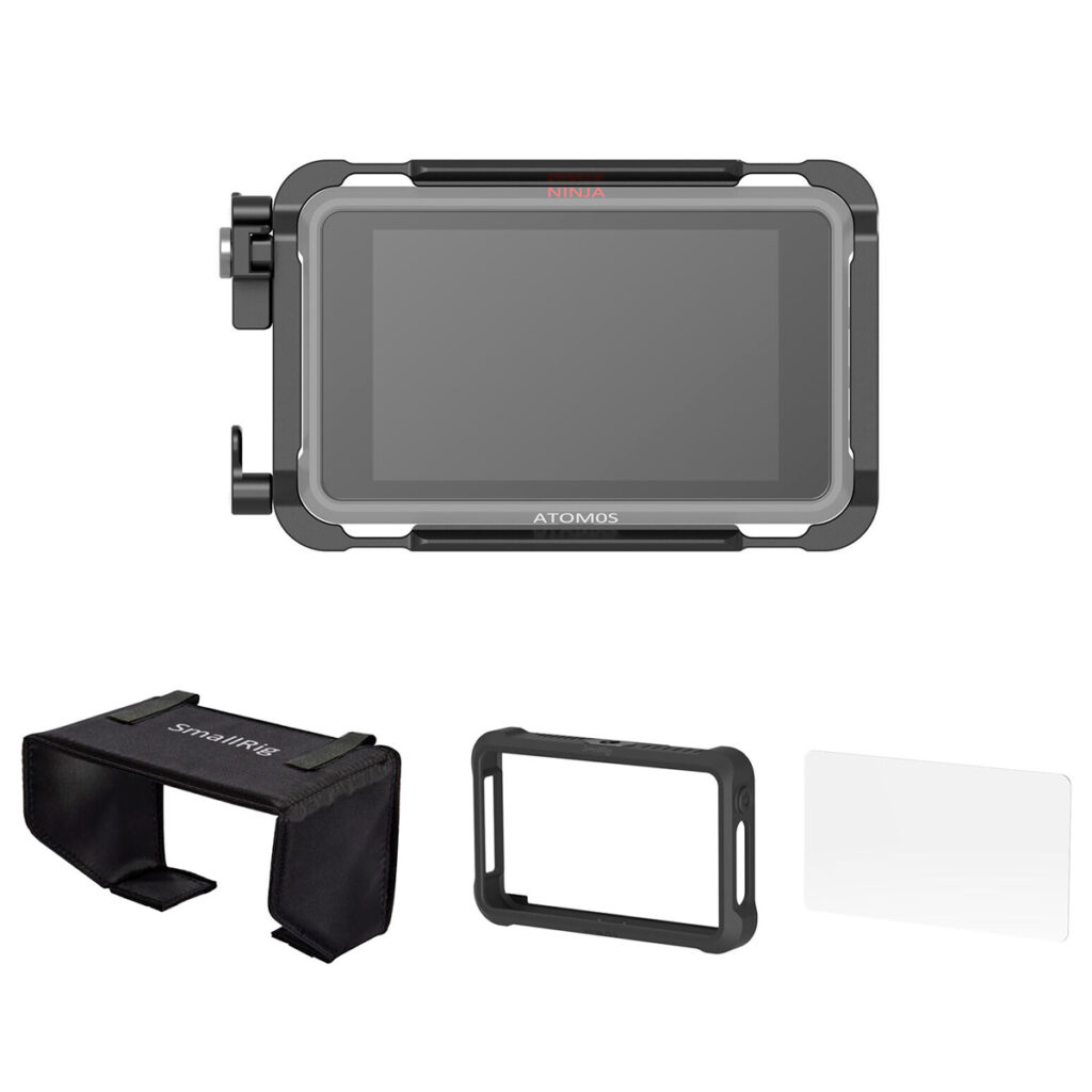 SmallRig-3788 SmallRig 3788 Cage Kit Atomos Ninja V/V+:lle on varustettu kestävällä kehyksellä, ja siinä on kolme lisävarustetta: aurinkokupu, suojakotelo ja näytönsuoja, kaikki valkoisella pohjalla.
