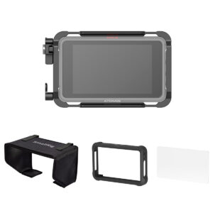 SmallRig-3788 SmallRig 3788 Cage Kit Atomos Ninja V/V+:lle on varustettu kestävällä kehyksellä, ja siinä on kolme lisävarustetta: aurinkokupu, suojakotelo ja näytönsuoja, kaikki valkoisella pohjalla.