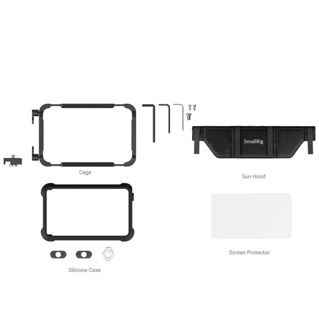 SmallRig-3788-4 Atomos Ninja V/V+:lle tarkoitetun SmallRig 3788 Cage Kitin litteä ulkoasu, jossa on häkki, silikonikotelo, aurinkosuoja, näytönsuoja, ruuvit, jakoavaimet ja kiinnitysosat - kaikki merkittyinä ja siististi järjestettyinä valkoiselle taustalle.
