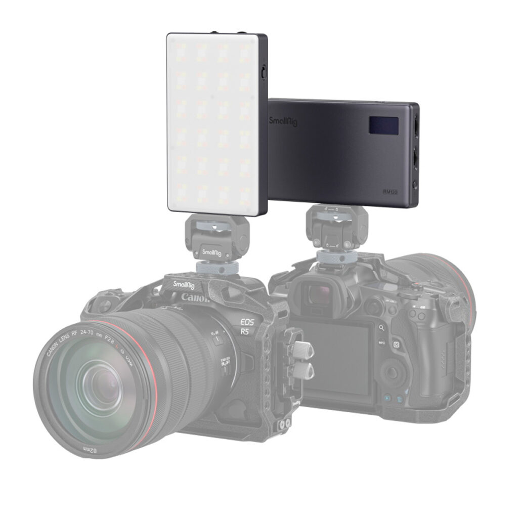 The SmallRig 3808 RGB Videolight RM120 is mounted on top of a Canon EOS R5 camera and is shown from both the front and rear angles to showcase the camera and lighting setup.