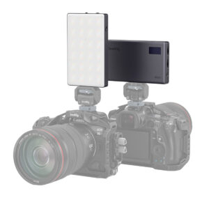 The SmallRig 3808 RGB Videolight RM120 is mounted on top of a Canon EOS R5 camera and is shown from both the front and rear angles to showcase the camera and lighting setup.
