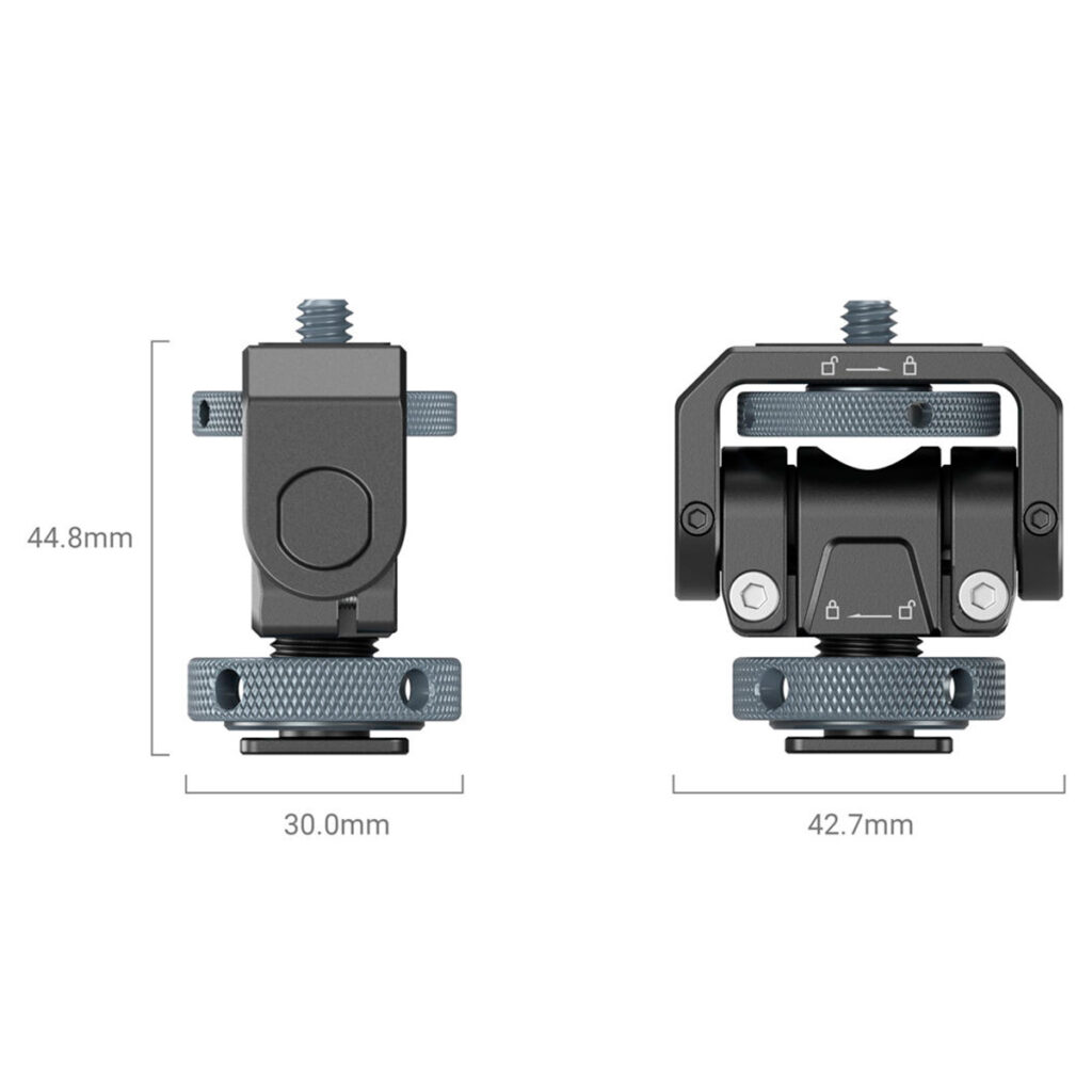 SmallRig-3809-2 Kaksi näkymää SmallRig 3809 Monitor Mount Lite -monitoriasennuksesta, jossa on Cold Shoe -jalusta, näyttää mitat: 44,8 mm korkea, 30,0 mm leveä (edessä) ja 42,7 mm leveä (sivulla). Kiinnikkeessä on ruuvit ja teksturoidut säätönupit turvallista kiinnitystä varten.