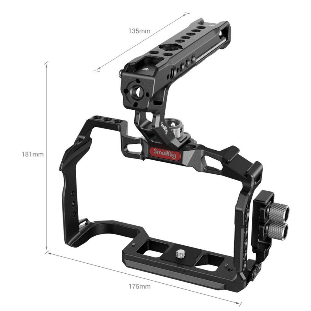 SmallRig-3830-2 SmallRig 3830 Handheld Kit for Canon EOS R5/R6/R5C on musta metallinen kamerahäkki, jossa on yläkahva, kiinnityspisteet ja SmallRig-logo keskellä. Sen korkeus on 181 mm, leveys 175 mm ja kahvan pituus 135 mm.