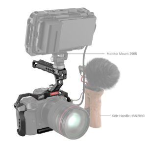 SmallRig-3830-4 Kuvassa näkyvä SmallRig 3830 Handheld Kit for Canon EOS R5/R6/R5C sisältää ammattilaiskameran, jonka päällä on ulkoinen monitori (kiinnitys 2905), haulikkomikrofoni, jossa on karvapeitteinen tuulisuoja, ja puinen sivukahva (HSN2093).
