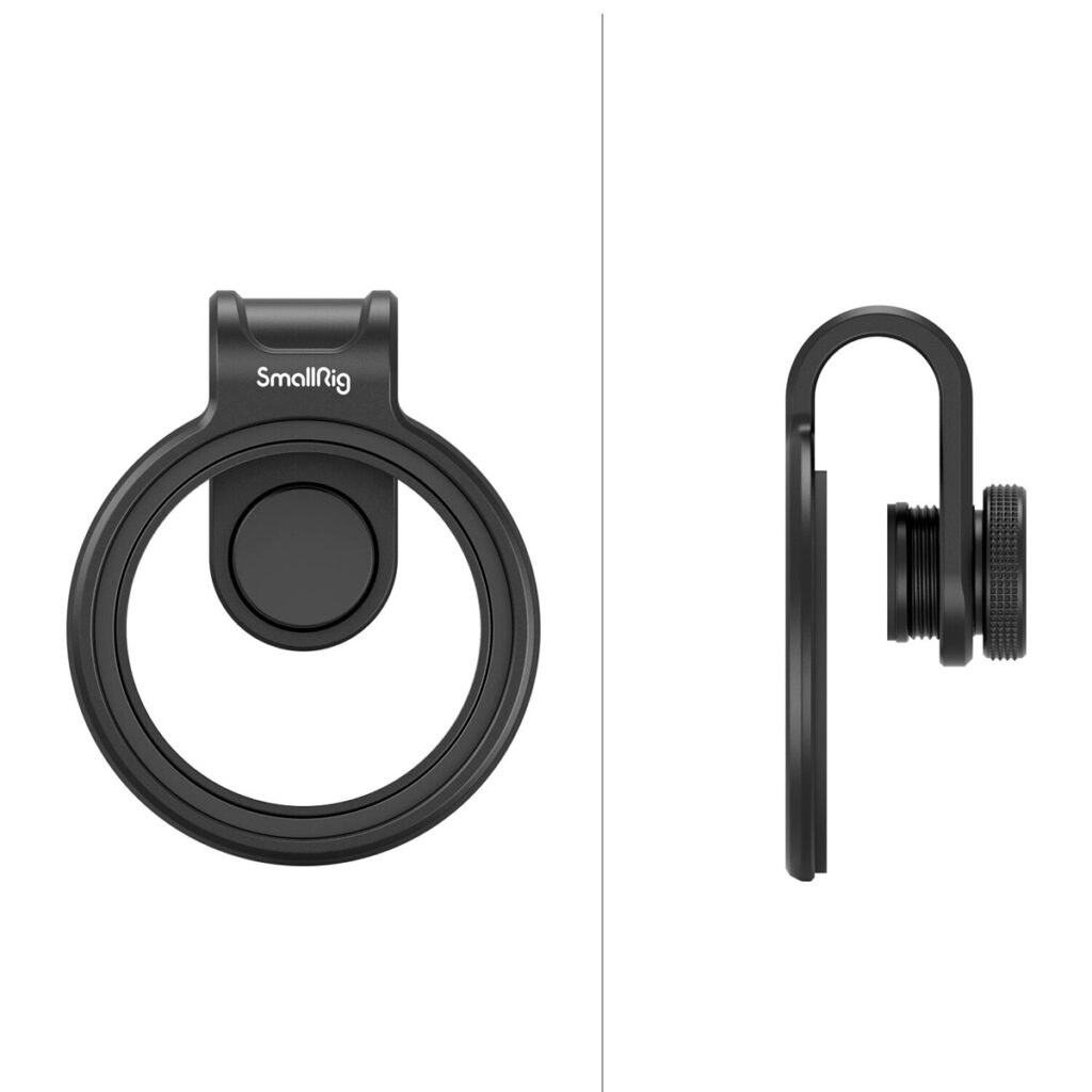 SmallRig-3845-3 SmallRig 3845 52 mm:n magneettinen suodatinklipsi matkapuhelimelle on esitetty edestä ja sivulta valkoista taustaa vasten, mikä korostaa sen mustaa pyöreää muotoa ja ohutta, minimalistista muotoilua.
