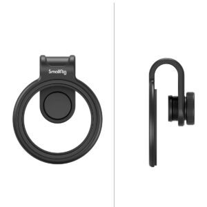 SmallRig-3845-3 SmallRig 3845 52 mm:n magneettinen suodatinklipsi matkapuhelimelle on esitetty edestä ja sivulta valkoista taustaa vasten, mikä korostaa sen mustaa pyöreää muotoa ja ohutta, minimalistista muotoilua.