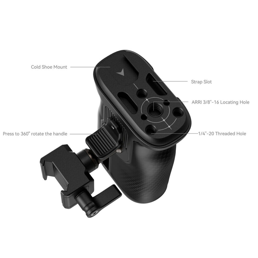 SmallRig-3847-4 Isometrinen näkymä SmallRig 3847 Universal Rotating Nato Side Handle -kahvasta, jossa näkyvät merkityt osat: kylmäkenkäkiinnitys, hihna-aukko, ARRI 3/8"-16 -paikoitusreikä, 1/4"-20-kierrereikä ja painonappi kahvan 360°:n kääntämistä varten.