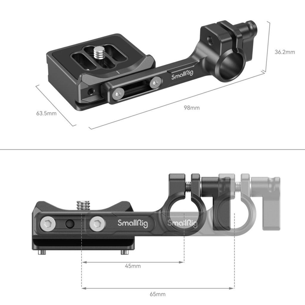 SmallRig-3853-3 SmallRig 3853 -pikavapautuslevy 15 mm:n sauvakiinnikkeellä on esitetty kahdesta kulmasta ja merkittyjen mittojen avulla: Pituus 98 mm, leveys 63,5 mm, korkeus 36,2 mm, varren pituus 65 mm ja kiinnikkeiden välinen etäisyys 45 mm.