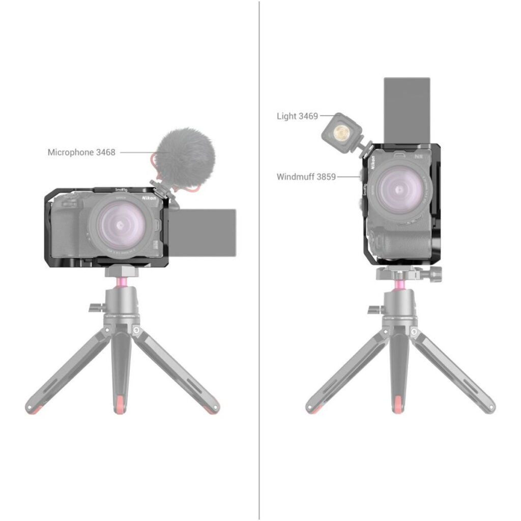 SmallRig-3858-5 Kaksi Nikon Z30 -kameraa, jotka molemmat on kiinnitetty SmallRig 3858 Cage -kamerahäkkiin, ovat pienillä jalustoilla. Vasemmalla on mikrofoni, jossa on tuulipeite; oikealla on suorakulmainen valo, johon on kiinnitetty tuulipeite. Molemmissa kameroissa on ulosvedettävät näytöt.