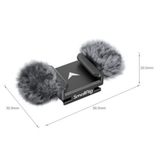 SmallRig-3859-2 SmallRig 3859 Tuulilasi ja Cold Shoe -sovitin Nikon Z30:lle sisältää kaksi karvaista tuulilasia, joiden leveys on 30,0 mm, pituus 50,0 mm ja korkeus 20,0 mm; se on musta, ja sen yläosassa on SmallRig-logo ja kolmiosymboli.