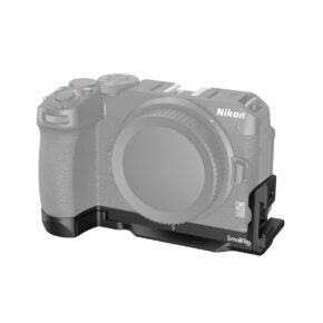 SmallRig-3860-1 The picture shows a Nikon Z30 camera (in grey) with a black SmallRig 3860 L-Bracket for Nikon Z30 attached to the base and side.