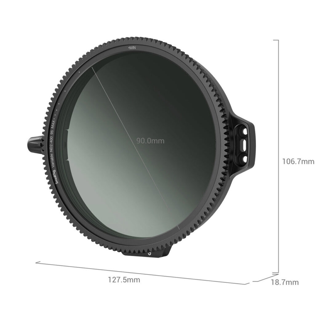 SmallRig-3864-3 SmallRig 3864 95mm CPL-VND Filter Kit with Rod Clamp on pyöreä linssisuodatin, jossa on hammasratasreunat, kaksi kahvaa ja merkitty mitat: 127,5 mm leveys, 106,7 mm korkeus, 18,7 mm paksuus ja 90,0 mm sisähalkaisija.