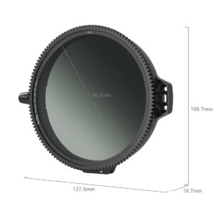 SmallRig-3864-3 SmallRig 3864 95mm CPL-VND Filter Kit with Rod Clamp on pyöreä linssisuodatin, jossa on hammasratasreunat, kaksi kahvaa ja merkitty mitat: 127,5 mm leveys, 106,7 mm korkeus, 18,7 mm paksuus ja 90,0 mm sisähalkaisija.