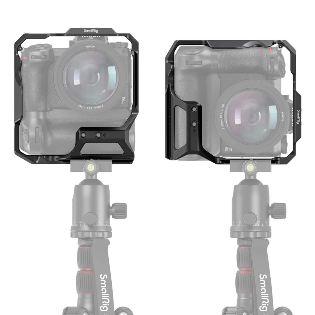 SmallRig-3866-4 Kaksi digitaalikameraa, joissa on MB-N11-akkukahvat, on asennettu pysty- ja vaakasuoraan käyttäen SmallRig 3866 Camera Cages for Nikon Z6II/Z7II -kamerahäkkejä. Jalustat ja jotkin kameran osat on häivytetty häkkien korostamiseksi.